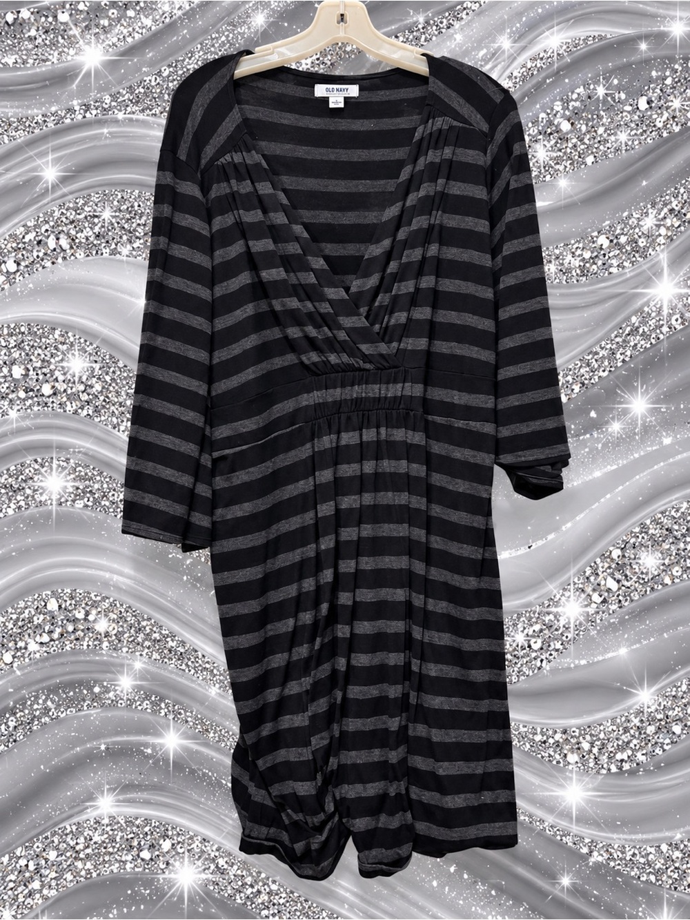 Old Navy Black and Gray Striped Long-Sleeve V-Neck Dress